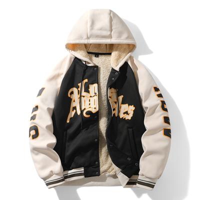 Autumn and Winter Letter Print Thickened Velvet Color Matching Jacket American Trendy Men's Knitted Jacket Top