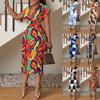 Women's V Neck Short Sleeve Slim Fit Midi Dress with Printed Pattern Casual Work Dress