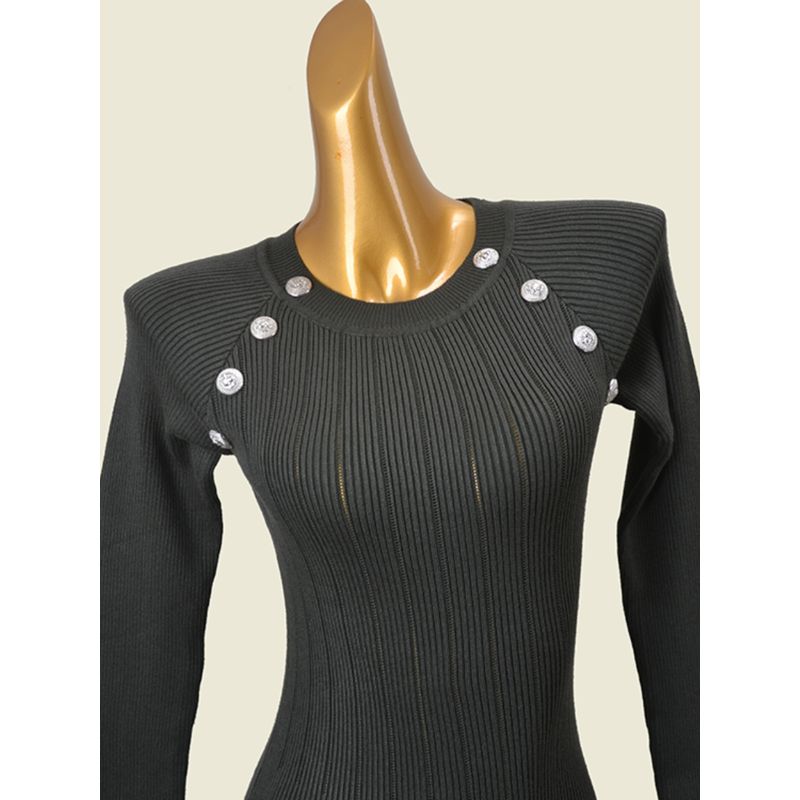 Fashion Style Metal Buckle Sunken Stripe Silm Long Sleeves Knitting Dress Autumn Sexy Sheath Bottom Long Dress