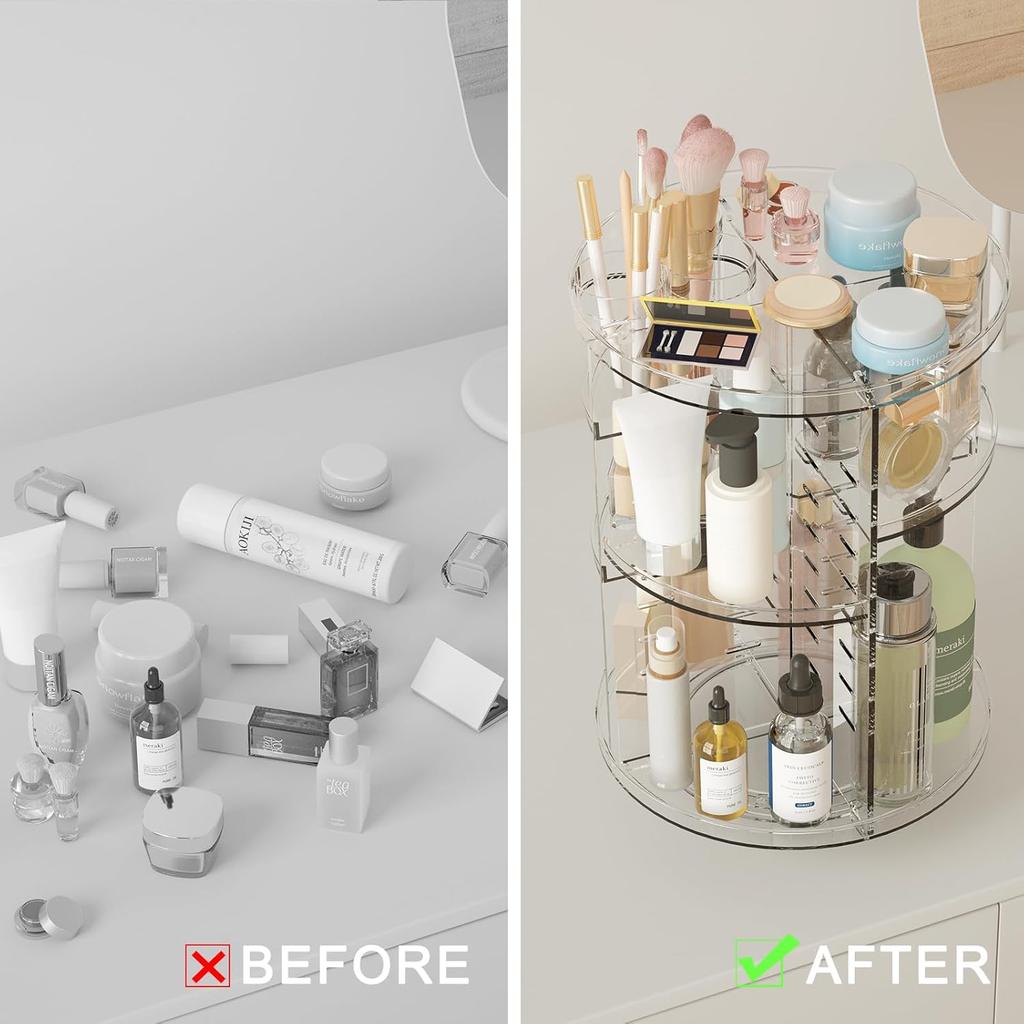 Rotating Makeup Organizer, Adjustable Layers Spinning Skincare Organizer, Cosmetic Display Case with Brush Holder Perfume Tray