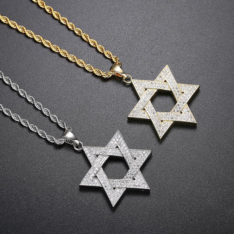 Hip Hop Men Gold Color Plated Jewelry Micro Pave Iced Out Cz Stone Star of David Pendant Hexagram Israel Judaism Necklaces