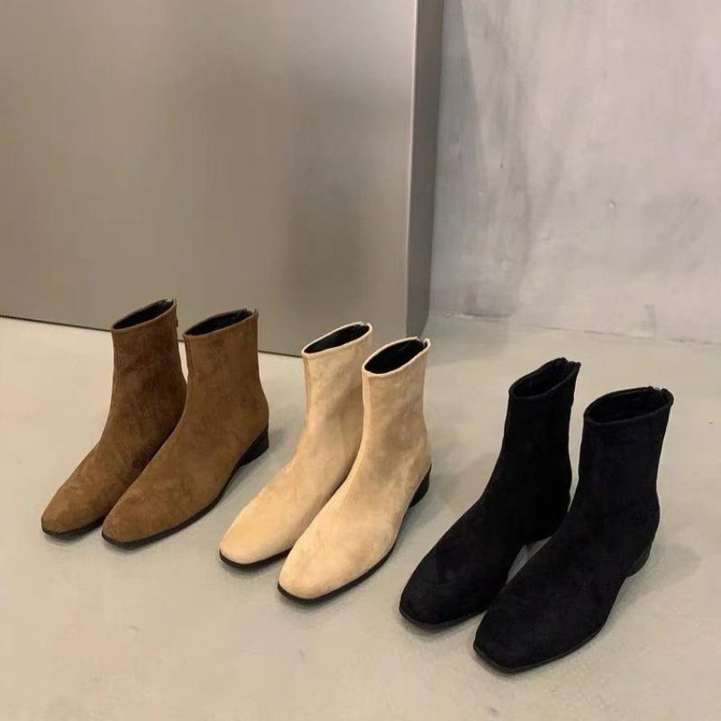 Autumn and Winter New Solid Color Velvet Thin Boots Simple and Versatile Temperament Square Head Short Boots Low Heel Boots Women