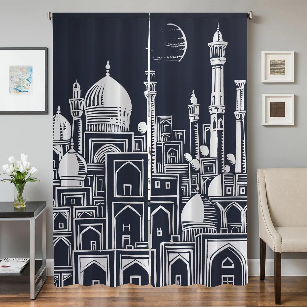 Kitchen Curtains for Living Room 2 Pieces Blackout Curtains Door Curtain Ancient Architecture Partition Bedroom Decoration Shade