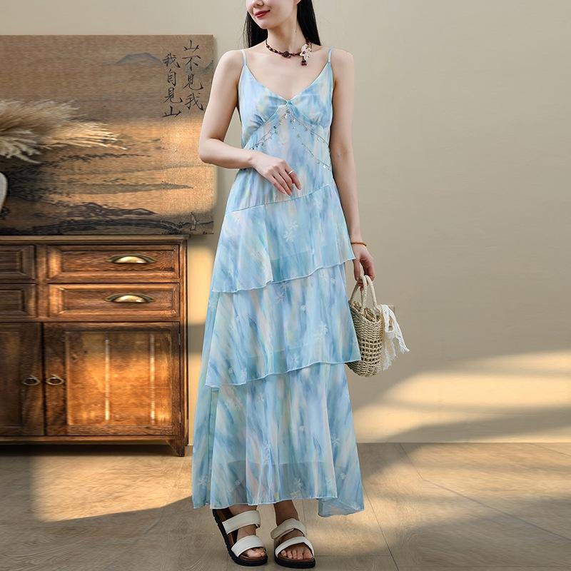 

Вітровий дизайн мазковий марлевий V-подібний виріз відпустковий вітровий сарафан спідниця жіноча нерегулярний край з оборками приталена сукня 2XL синій