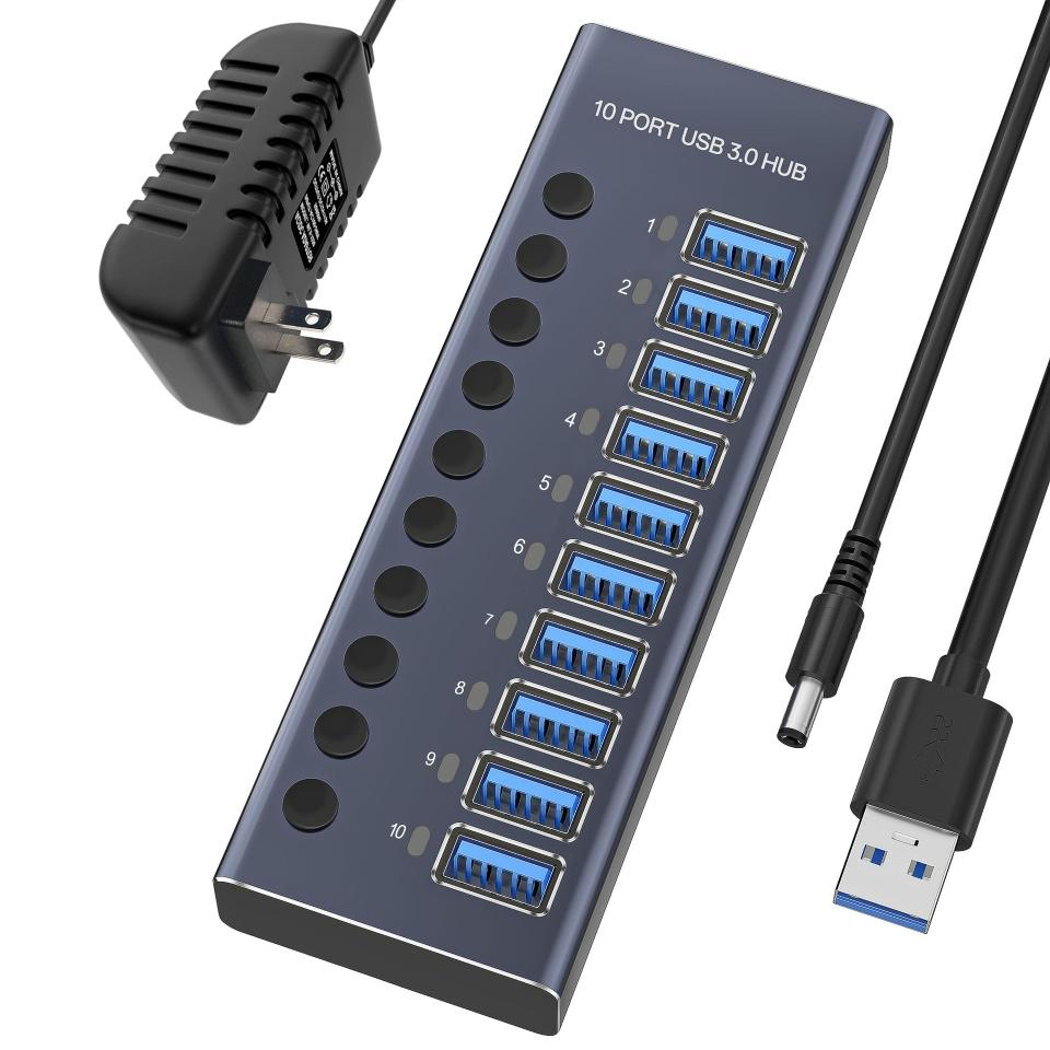 Powered USB 3.2 10-Port Hub with Individual On/Off Switches 12V Power Adapter Aluminum Alloy Laptop PC in Stock 10Gbps USB-A 3.0