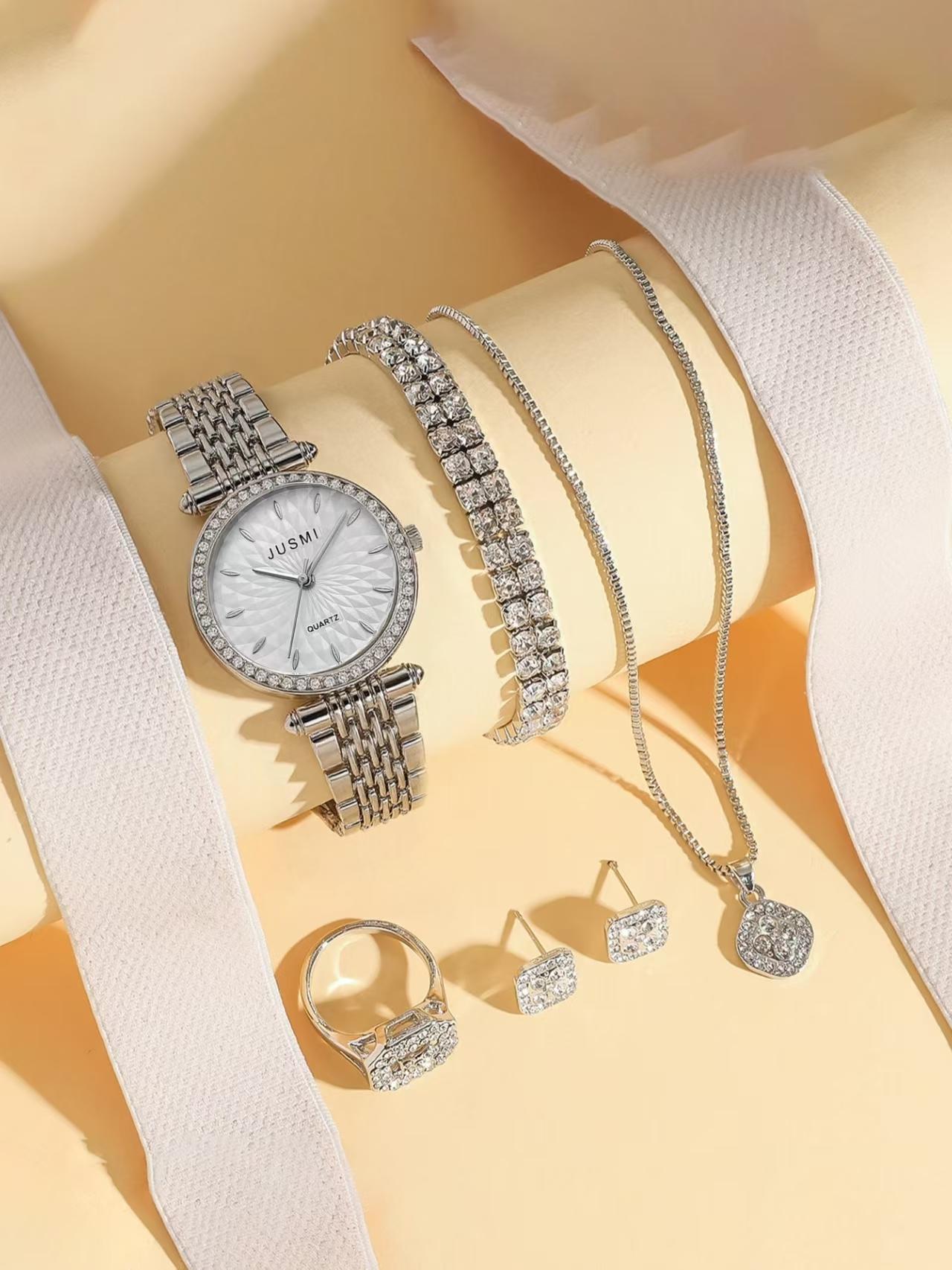 Fashionable and luxurious diamond-encrusted round dial women s quartz watch diamond-encrusted jewelry 6-piece set, suitable for белый