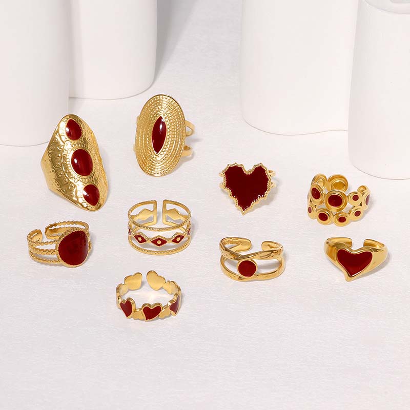 Vintage Red Drip Oil Geometric Rings for Women Stainless Steel Gold Color Heart Opening Adjustable Finger Rings Jewelry New