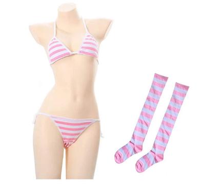 Masonanic Striped Bikini, Thongs, Pants, Bra, Knee-highs, 3-piece Set, Cosplay, Micro Triangle Bikini (Pink)