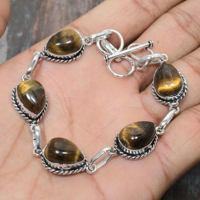 Handgefertigtes Schmuckarmband aus massivem 925er Sterlingsilber mit Tigerauge-Edelstein
