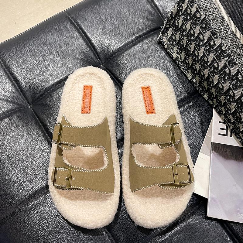 Fashion Women's Slippers Fur Plush Platform Wear Non-slip Slippers Casual Fashion Pin Buckle Roman Flip-flops Winter New Style