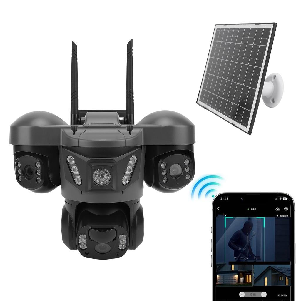 Solar Security Camera Two Way Talk IP66 Rating PIR Motion Detection AI 4G 6K 12MP HD Triple Lens Solar PTZ Camera for Home