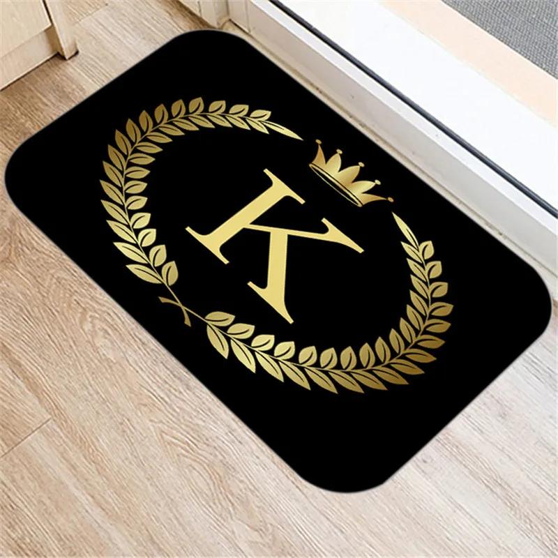 Kitchen Bathroom Non-slip Floor Mat Style Indoor Rug Black Gold Crown Letter Decoration Entrance Door