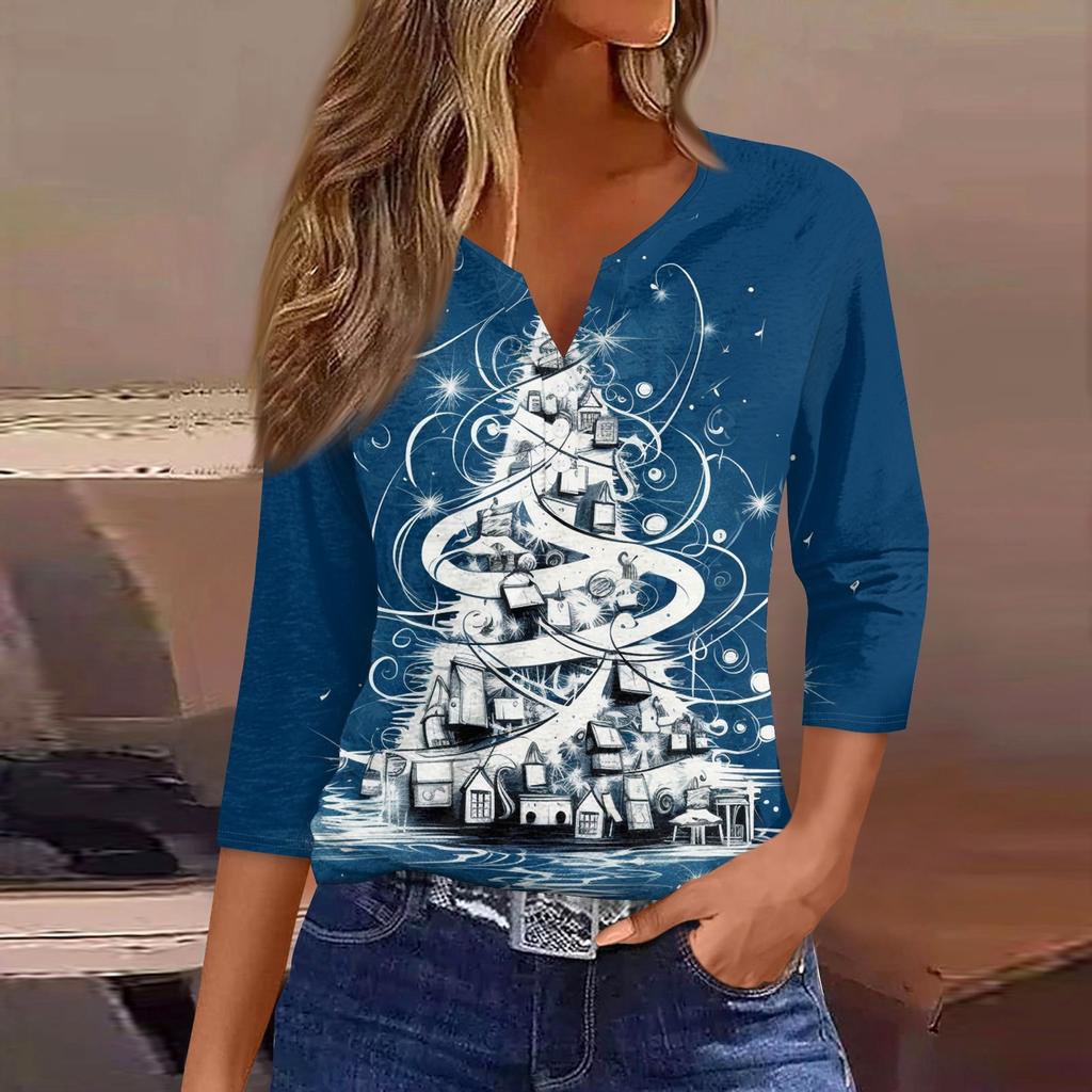 Women's T Shirt Tee Print Button 3/4 Sleeve Daily Weekend Fashion Basic V- Neck Regular Top