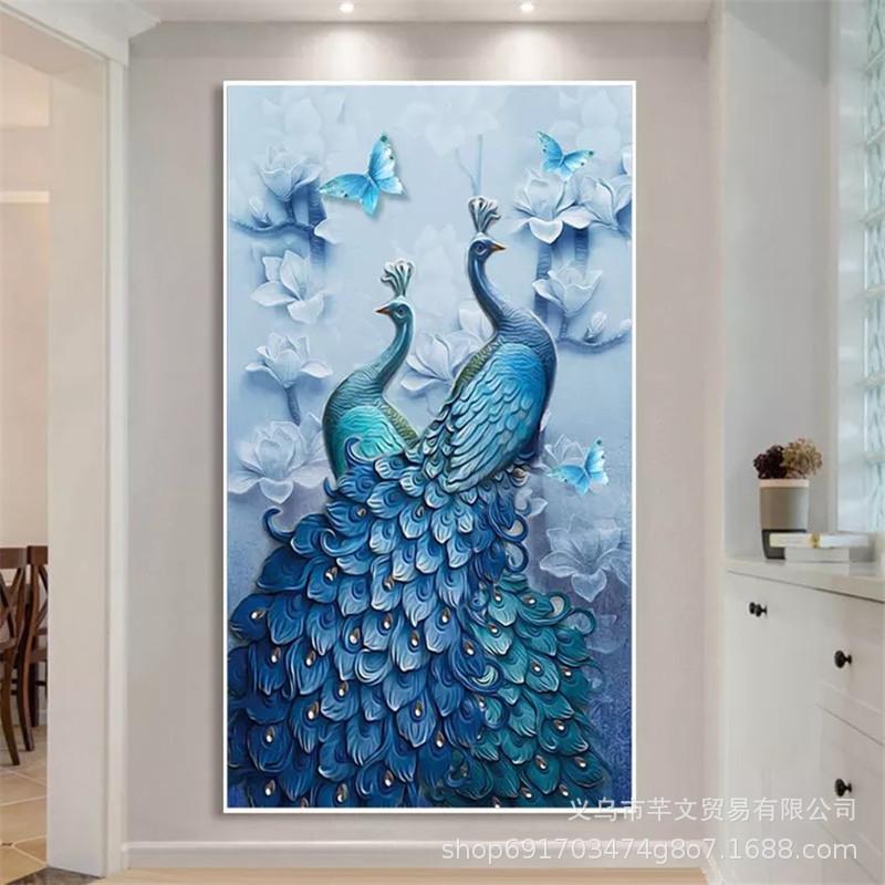 New Blue Peacock Full Of Diamonds, Living Room Simple Modern Bedroom 5D Decorative Painting, Diamond Cross Stitch