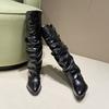 Women's High-heeled Motorcycles Boots for Women Black British Style Pointed Toe Knee High Boots Two Wear Belt Buckle Women Shoes