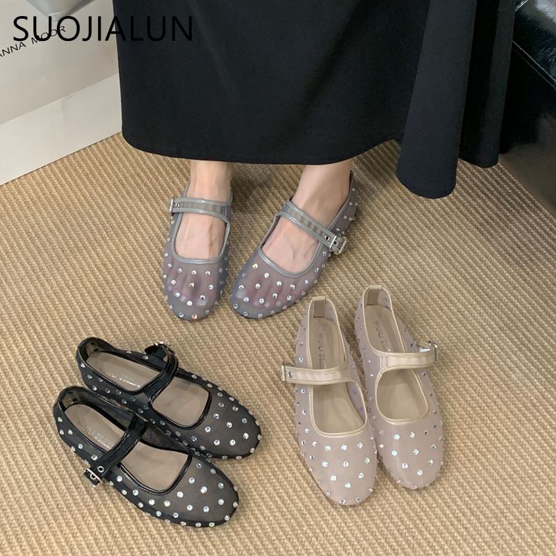 Fashion SUOJIALUN 2025 Autumn Women Flat Shoes Fashion Mesh Crystal Ladies Elegant Mary Jane Ballet Shoes Soft Flat Heel Dress Single Sh