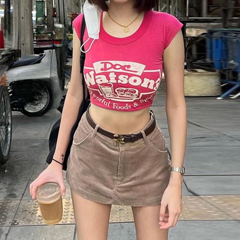 Y2K Letni nowy modny nadruk retro T-shirt z krótkim rękawem Seksowny, obcisły, nagi krótki top dla kobiet