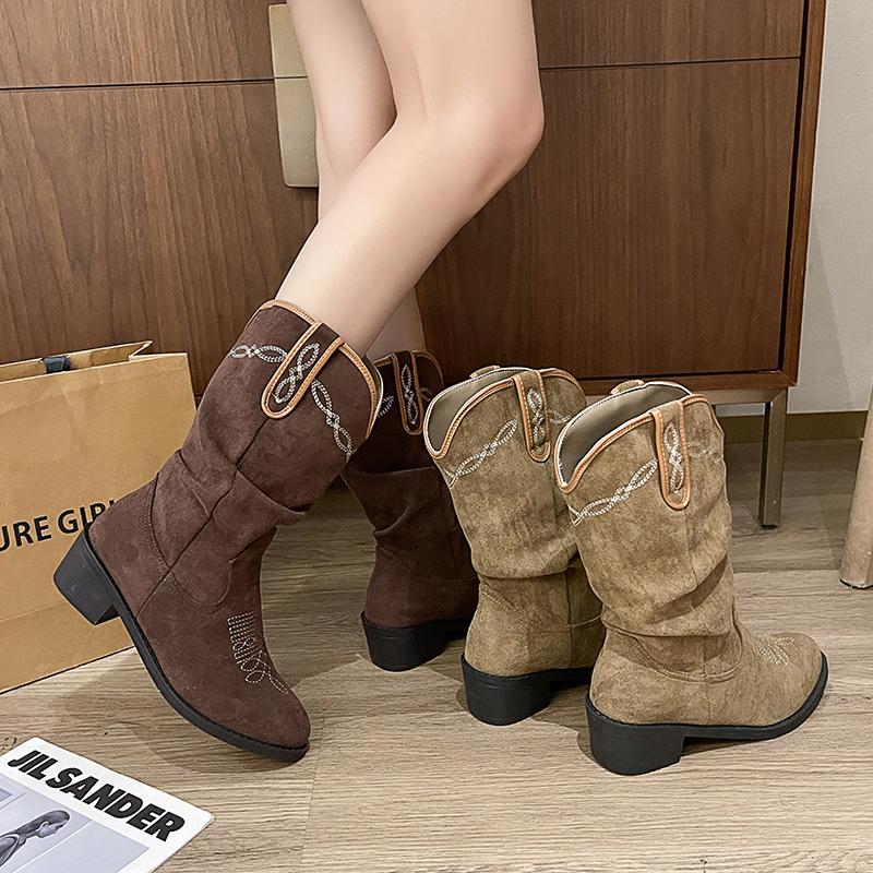 New Embroidered Western Cowboy Boots for Women Autumn Pointed Toe Thick Heel High Knee Boots Woman Loose Leather Long Boots