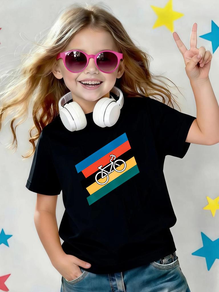 Color Stripes Bicycle Minimalist Print Kids T Shirt Boys Girls Cotton Short Sleeve Parent Child Fashion Daily Casual Basic Tee