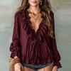 Elegant Women Long Sleeve Blouses White Ruffle Solid Color V Neck Casual Daily Blusas Spring Autumn Shirts Office Lady Tops