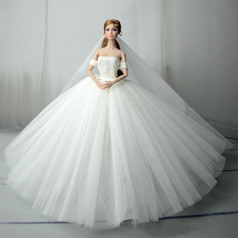 Elegant Boat Neck Collar Wedding Dress Tutu Dress Evening Long Dress for 30cm Dolls