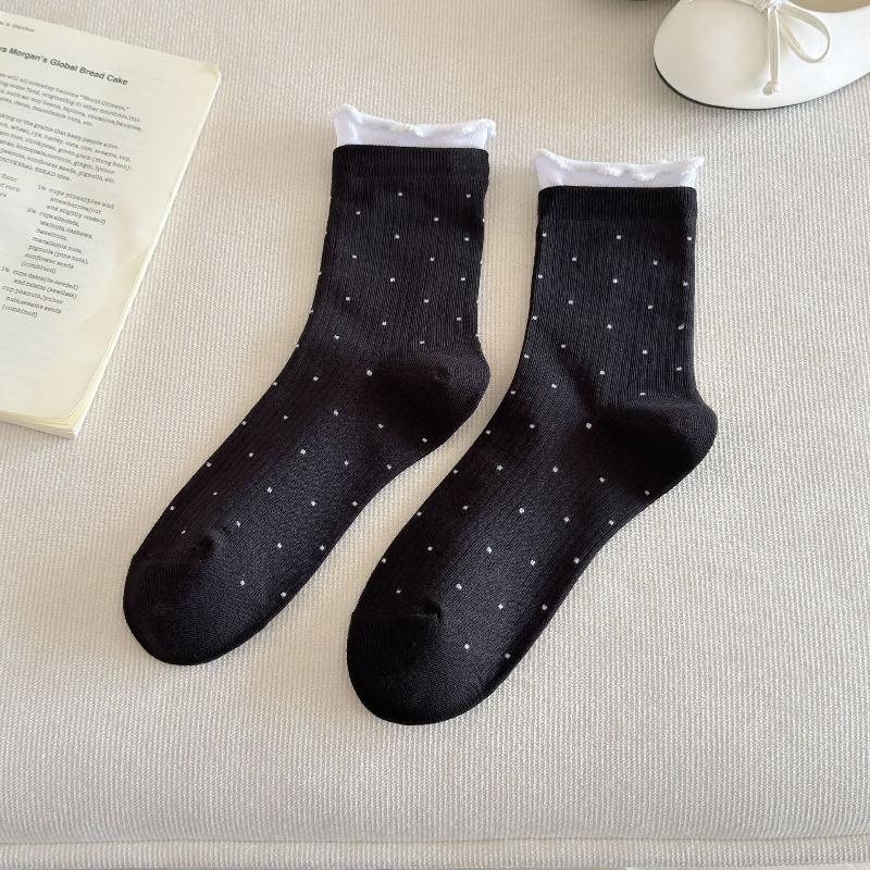 Wood Ear Ear Ring Women s Spring/Summer Solid Color Striped Mid-Calf Socks with Embroidery 1 pair чёрный