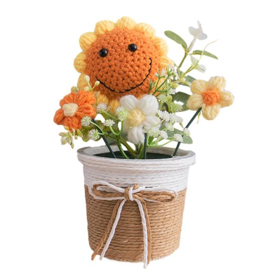 Handmade Crochet Flower Bouquet with Pot, Cute Little Knitted Potted Flower for Car Dashboard, Home Office Decoration, Gift for Birthday, Anniversary