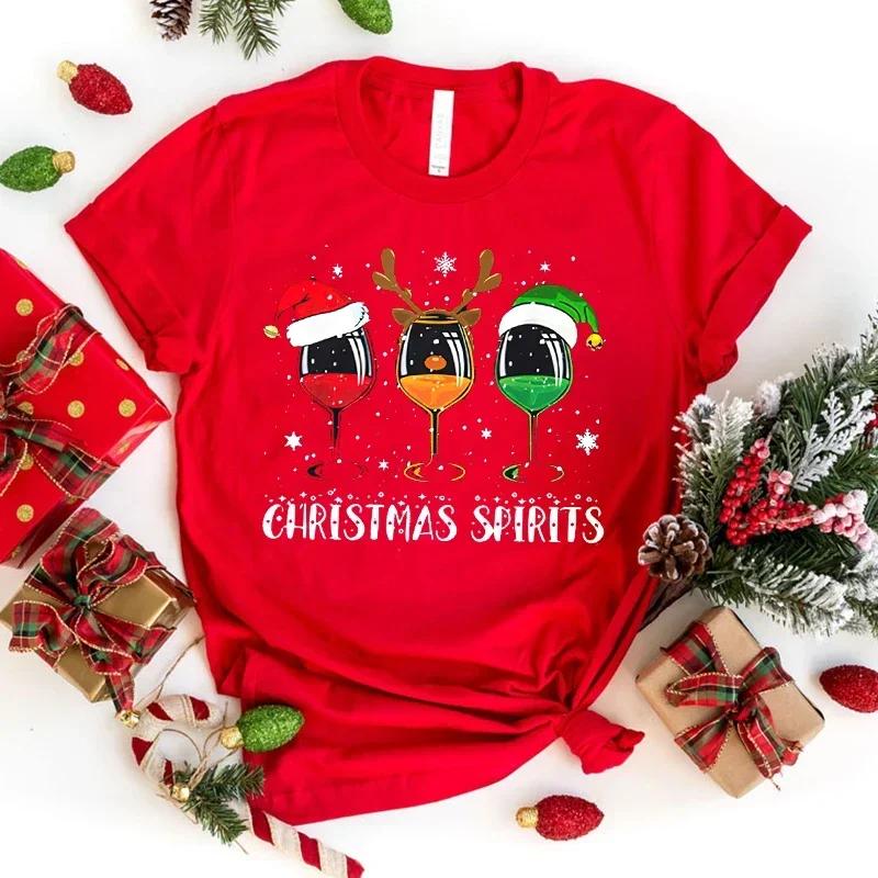 New Fashion Christmas Spirits Red Wine Glass Print Graphic T Shirt Unisex Fashion Casual Short Sleeve Shirt Tee Premium Tshirt