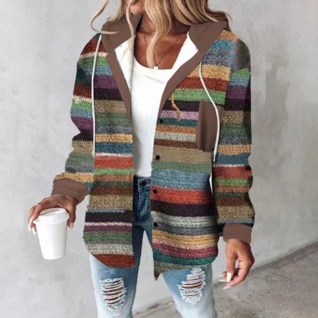 Women's Casual And Fashionable Large Plaid Pattern Patchwork Hooded Button Jacket