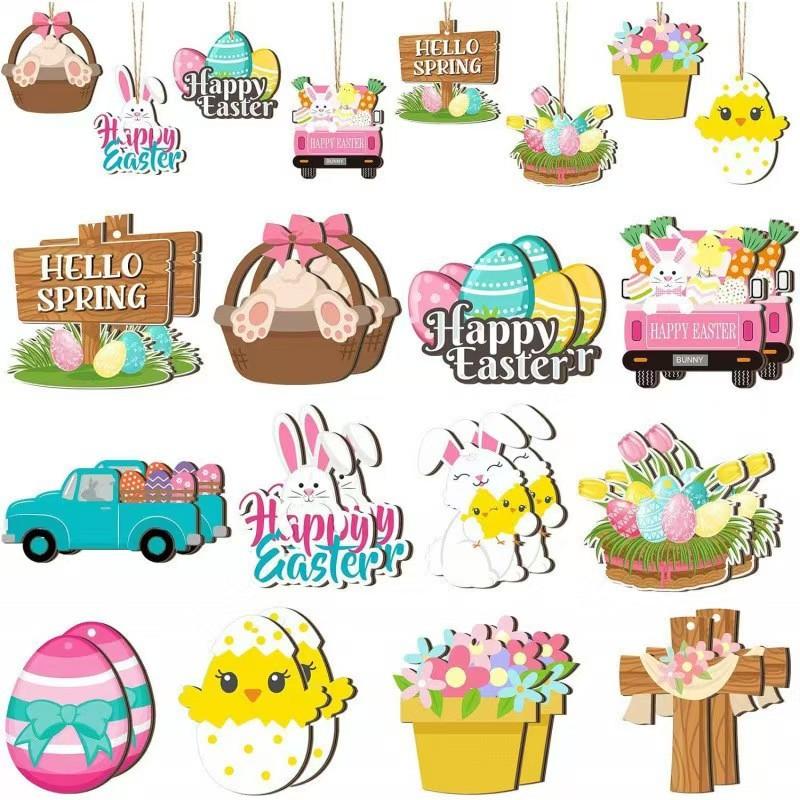 Easter Wooden Ornaments Fashion Happy Bunny Easter Eggs Dwarf Bunny Wooden Pendant