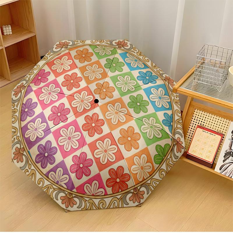 

Circular Stained Glass Flower (3) Theme Automatic Umbrella Compact 8-Rib Design Sturdy Construction Durable Everyday Carry Umbrella Stylish Accessory