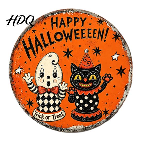 Halloween Theme Wall Art Retro Sign Round Metal Decorative Vintage Illustration Sign Rustic Decor for Living Room Party Decoration Nostalgic Hanging