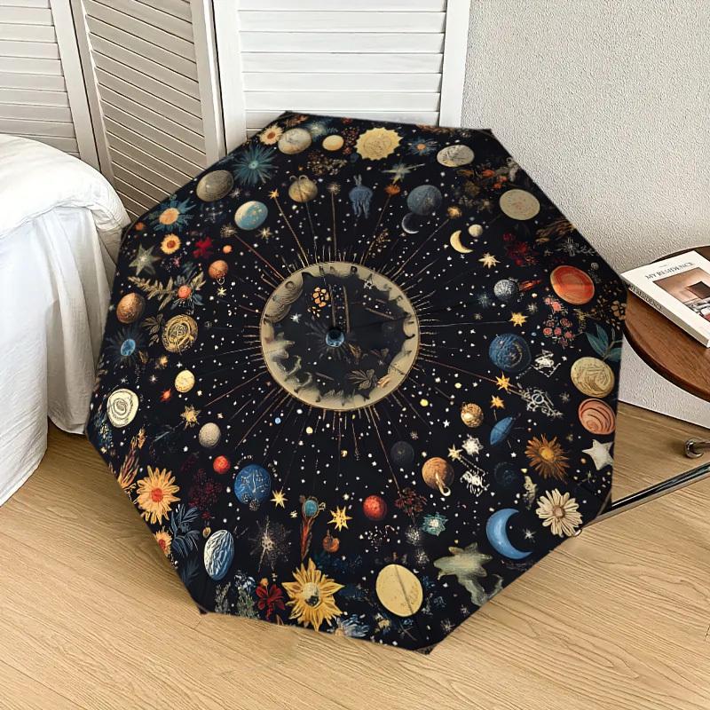 1pc Celestial Patterns Planets, and Flowers Umbrella with Plastic Handle,Suitable for All Seasons Home Travel Outdoor UmbrellaDD1303