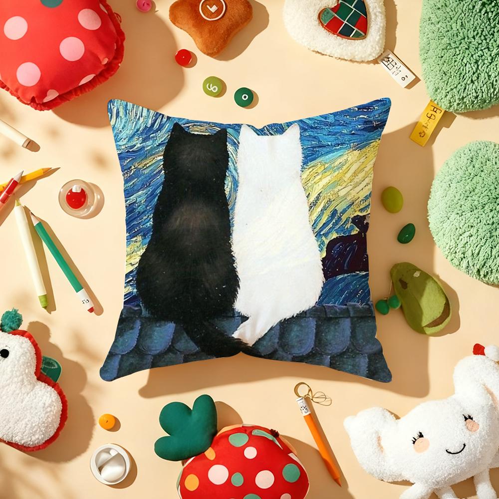 Van Gogh Starry Sky Kawaii Cat Pillow Case Plush Fabric Soft Double-Sided Printed Sofa Warm Winter Home Gift Cushion Cover
