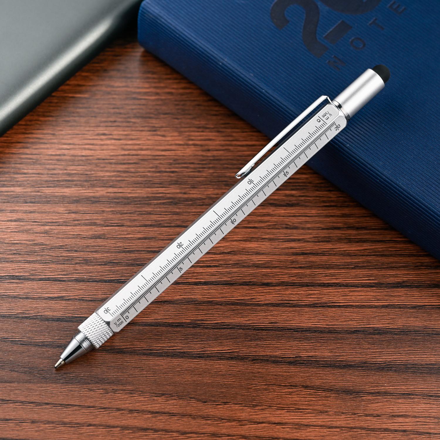 6 In 1 Tool Pen Multifunctional Rotary Ballpoint Pen Mini Level Metal Touch Screen Capacitive Pen серебряный