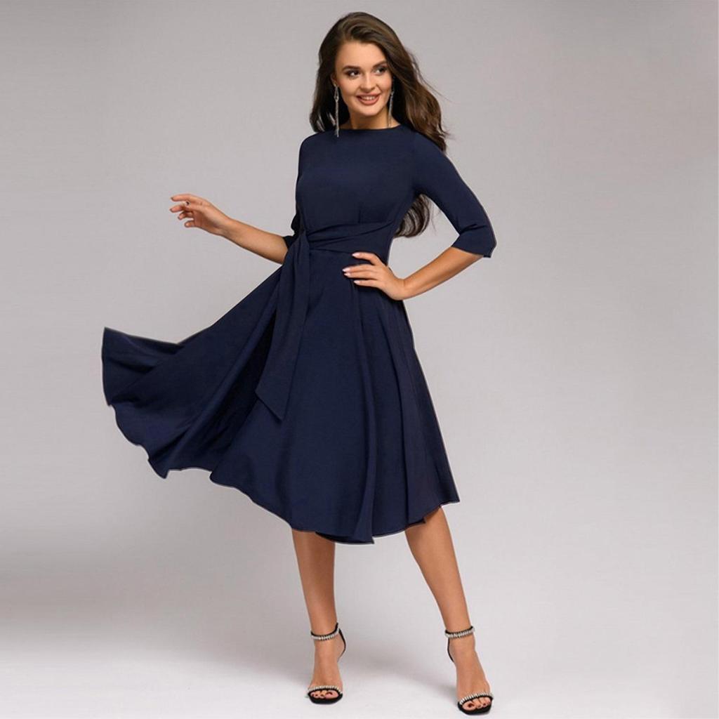 Autumn 2022 Round Neck Tie-Waist Mid-Sleeve Dress with Large Swing Skirt
