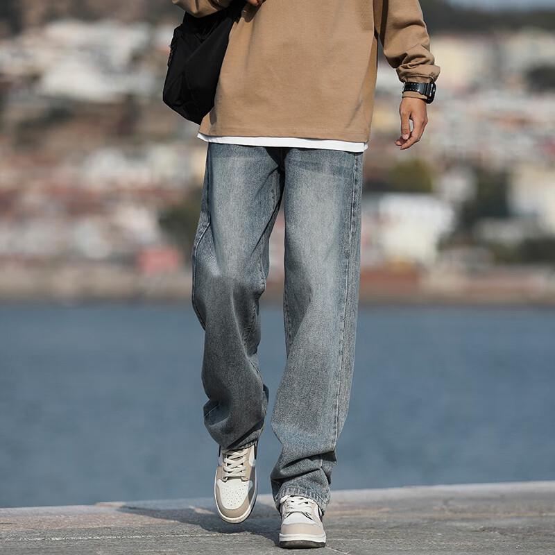 Homlean Men's American High Street Washed Loose Straight Leg Denim Jeans