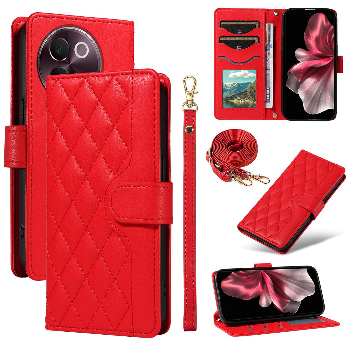

For vivo V40 Lite 5G/vivo V30e 5G Wallet Case Rhombus Leather Phone Cover with Strap Red