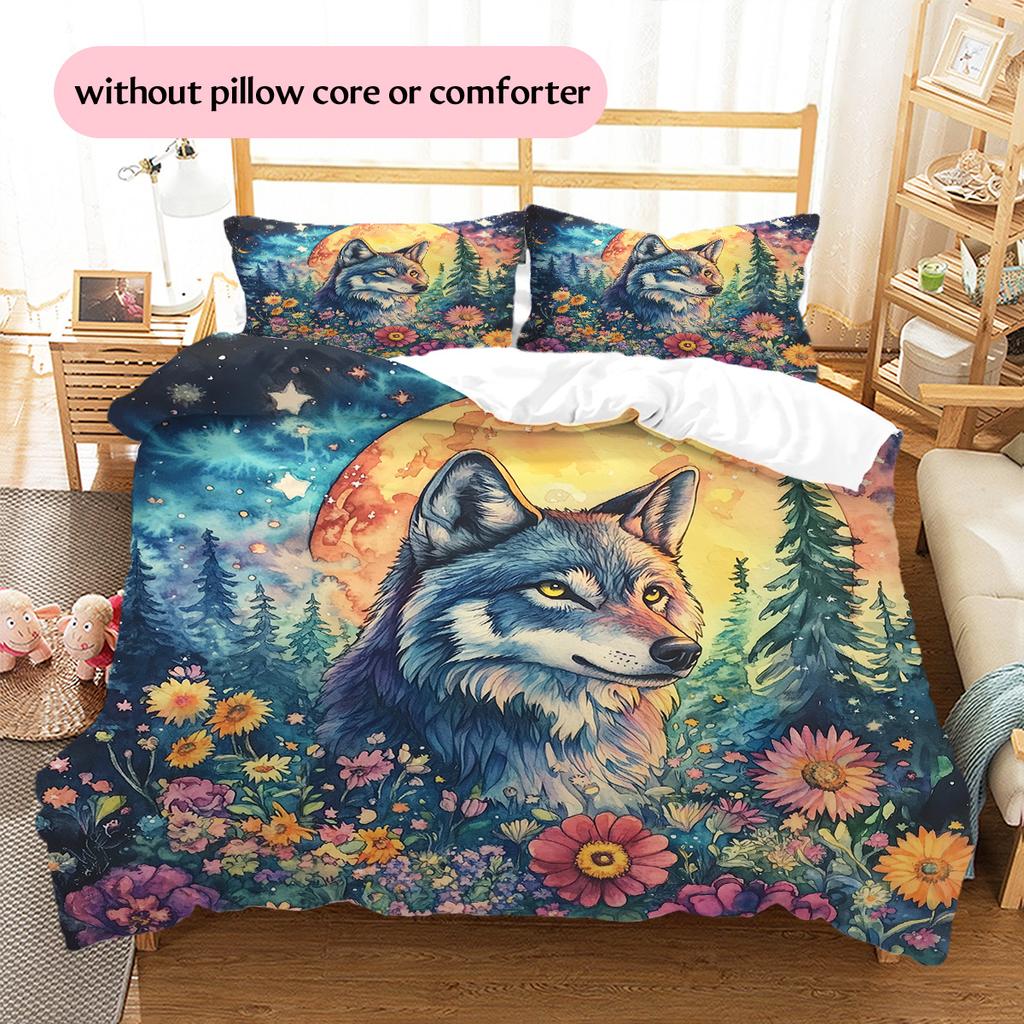 Floral wolf  Pattern Bedding Quilt Set Quilt Cover Pillowcase Home Decoration  Gift (1 * duvet cover + 2 * pillowcase, without core)