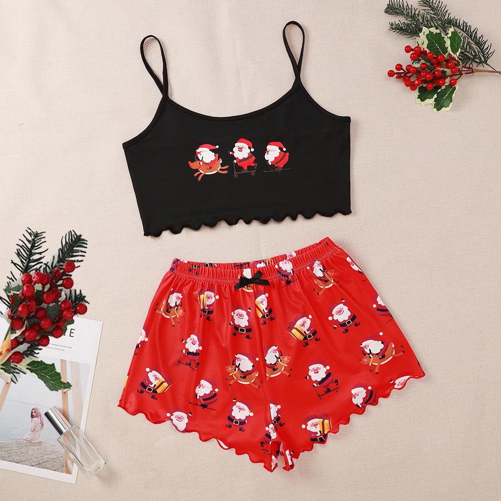Women's Christmas Pajama Set: Snowflake & Deer Camisole Tank Top with Shorts