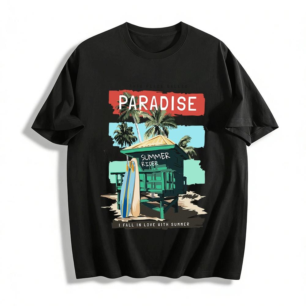 Paradise Coconut Hut Surf Print Casual Summer Short Sleeve T-Shirt Pure cotton T-shirt XXS