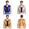 Men Nightclub Stage Tank Top Sequin Vest Lapel Sleeveless Tassel Open Front Metallic Shiny for Hip Hop Jazz Dance