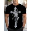 Mens Sports Crew Neck T Shirt with Cross and Prayer Hand Pattern 95 Spandex Micr