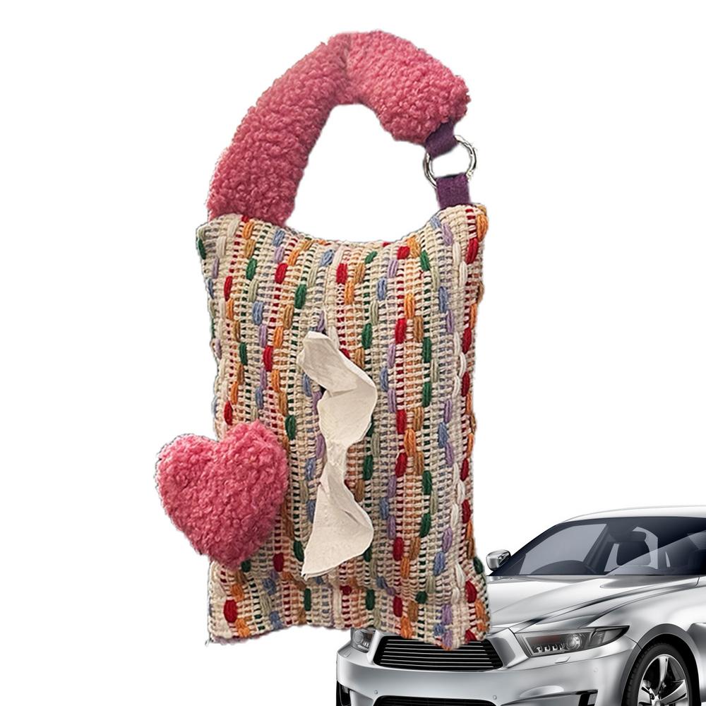 Tissue Box Holder For Car Colorful Heart Pattern Car Paper Organizer Napkin Holder Creative Soft Car Organization Accessories