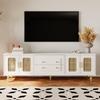 Lowboard, TV Cabinet with Rattan Doors and Golden Handles, Metal Legs, Push-to-open Drawers, Ample Storage Space, Natural Aesthetic