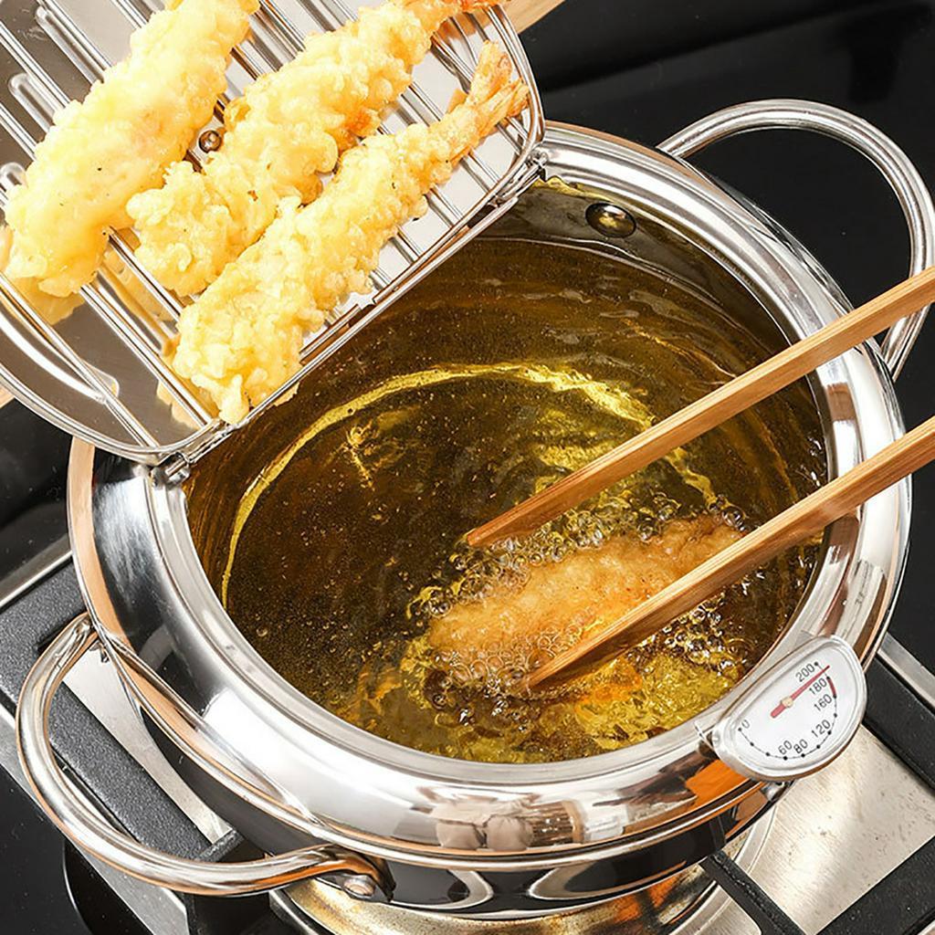 2L Silver Japanese Style Deep Frying Pot Thermometer Tempura Fryer Pan Temperature Control Fried Chicken Pot Cooking Tools Kitchen Utensil