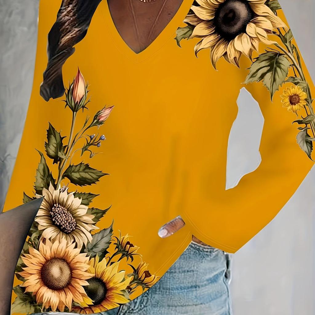 Sunflower Print Long Sleeve V Neck T-shirt T-shirts with Casual Style for Spring Comfortable Women's