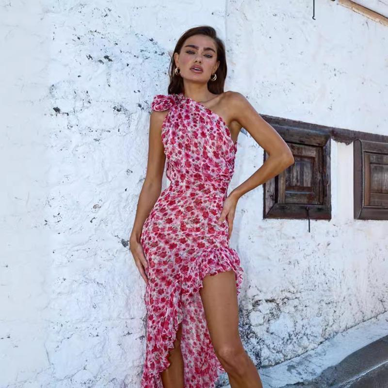 

Летняя мода диагональный воротник оборки нестандартное платье праздничного стиля цветочное длинное платье M красный