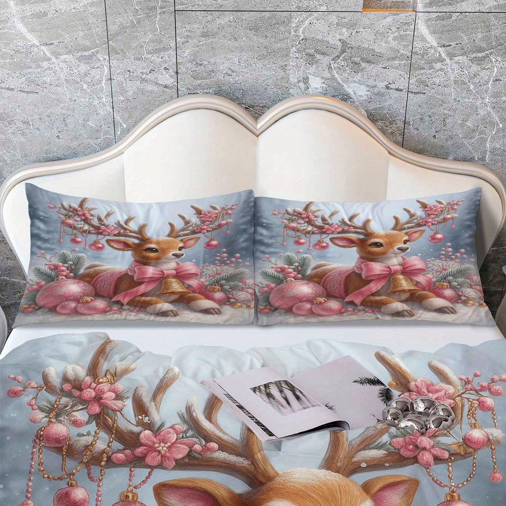 Comforter 3Pcs 1 Duvet+2 S Pink Christmas Deer Winter Snow Scene Theme Christmas Bedding Set Queen King Size