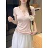 Light Blue Ice-feeling Thin Knitted Henry Half-open Button Short-sleeved Women's Summer Fresh White Gentle Wind Knitted T-shirt Top